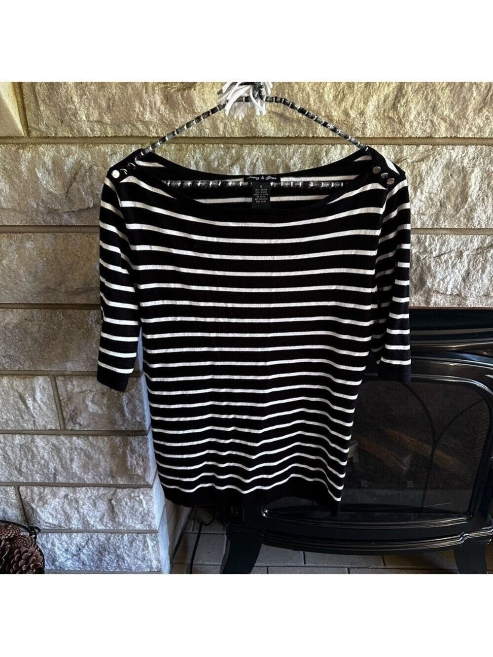 Audrey & Grace Ribbed Blouse Black White Small